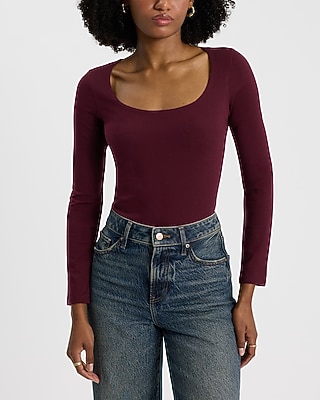 Body Contour Stretch Cotton Scoop Neck Long Sleeve Bodysuit