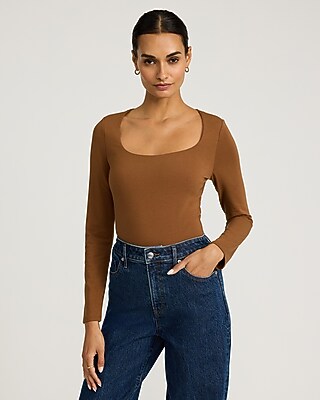 Body Contour Stretch Cotton Scoop Neck Long Sleeve Bodysuit