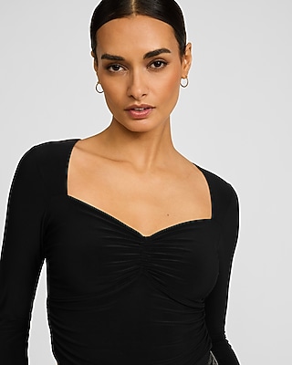 T-shirt Express Femme Manches Courtes, Col V, Côtés Ruchés - Rose Black Métallique, Taille L (neuf)
