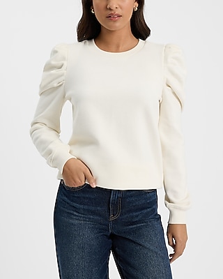 Crew Neck Puff Sleeve Banded Bottom Sweatshirt