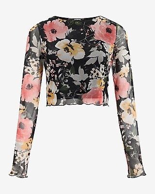 Floral Mesh Crew Neck Long Sleeve Cropped Tee