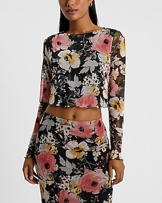 Floral Mesh Crew Neck Long Sleeve Cropped Tee