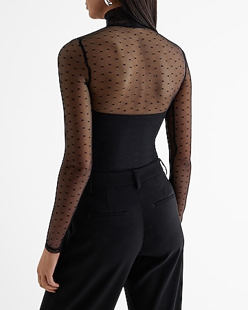 Lulus Women's Save a Spot Mock Neck Polka Dot Long Sleeve Bodysuit, Black,  Size X-Small at  Women's Clothing store