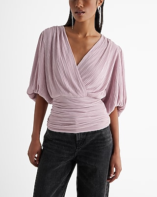 Pleated Draped V-neck Puff Sleeve Faux Wrap Top Express