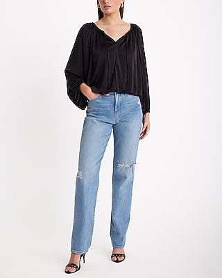 Relaxed Satin Gathered V-neck Drawstring Top | Express