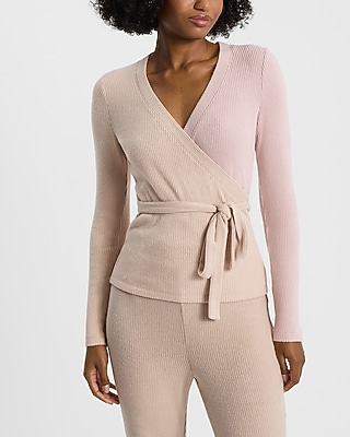 Cozy Ribbed Color Block Surplice Tie Waist Top
