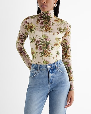 Fitted Mesh Floral Crew Neck Long Sleeve Bodysuit