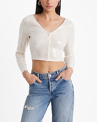 Sequin V-Neck Long Sleeve Cropped Cardigan