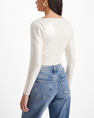 Sequin V-Neck Long Sleeve Cropped Cardigan