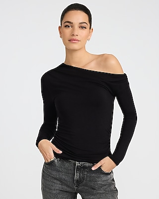 Asymmetrical Off The Shoulder Ruched Long Sleeve Top