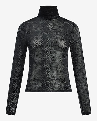 Snakeskin Printed Lace Mock Neck Long Sleeve Top