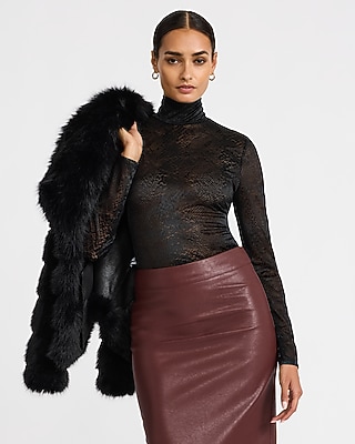 Snakeskin Printed Lace Mock Neck Long Sleeve Top