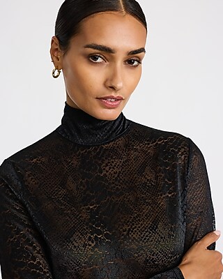 Snakeskin Printed Lace Mock Neck Long Sleeve Top