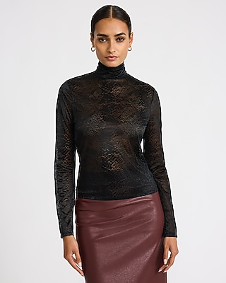 Snakeskin Printed Lace Mock Neck Long Sleeve Top