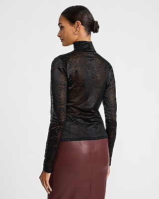 Snakeskin Printed Lace Mock Neck Long Sleeve Top