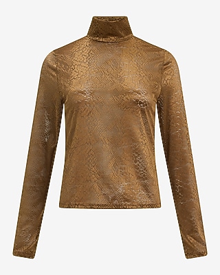 Snakeskin Printed Lace Mock Neck Long Sleeve Top | Express