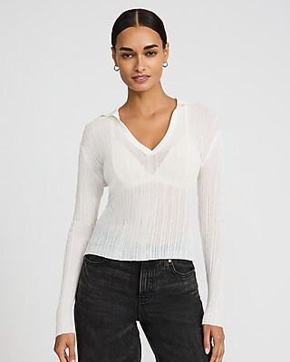 Sheer Ribbed Collared V-Neck Long Sleeve Tee - image 2