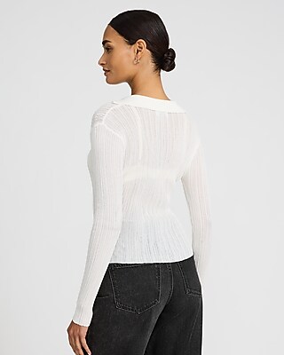 Sheer Ribbed Collared V-Neck Long Sleeve Tee - image 3