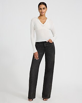 Sheer Ribbed Collared V-Neck Long Sleeve Tee - image 4