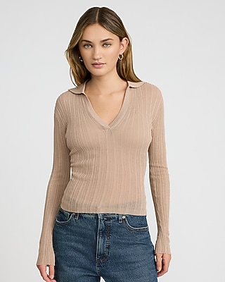 Sheer Ribbed Collared V-Neck Long Sleeve Tee - image 5
