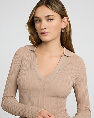 Sheer Ribbed Collared V-Neck Long Sleeve Tee