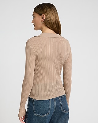 Sheer Ribbed Collared V-Neck Long Sleeve Tee