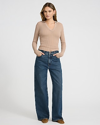 Sheer Ribbed Collared V-Neck Long Sleeve Tee