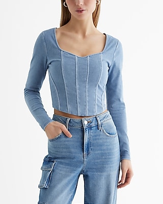 Body Contour Light Denim Long Sleeve Corset Top