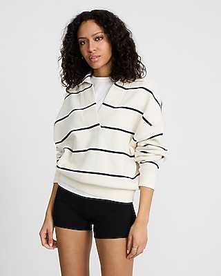 Relaxed Striped V-Neck Fleece Polo Sweatshirt