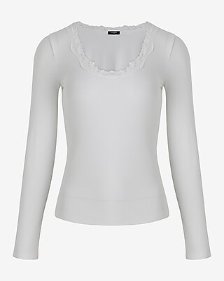 Fitted Scoop Neck Lace Trim Long Sleeve Tee | Express