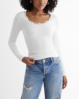 Fitted Scoop Neck Lace Trim Long Sleeve Tee | Express