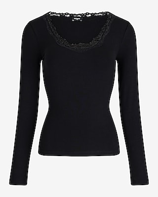 Fitted Scoop Neck Lace Trim Long Sleeve Tee