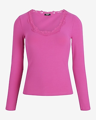Fitted Scoop Neck Lace Trim Long Sleeve Tee