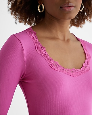 Fitted Scoop Neck Lace Trim Long Sleeve Tee