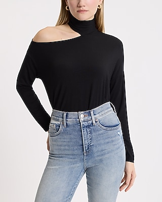 Relaxed Mock Neck Long Sleeve Cutout Shoulder Tee