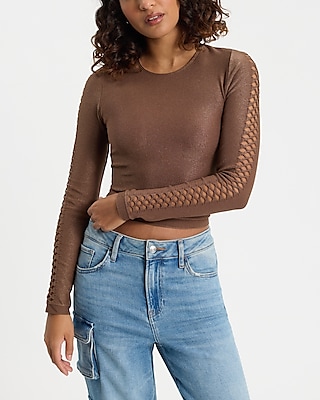 Body Contour Seamless Ribbed Mesh Long Sleeve Cropped Tee