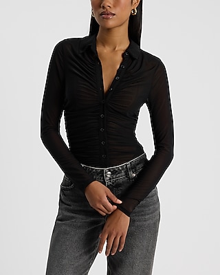 Mesh Ruched Long Sleeve Button Up Polo Top