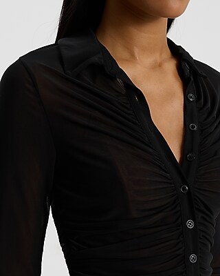 Mesh Ruched Long Sleeve Button Up Polo Top