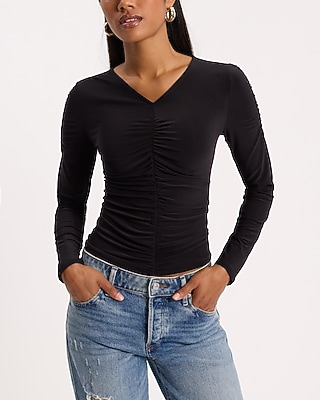 Fitted V-Neck Long Sleeve Ruched Tee - image 5