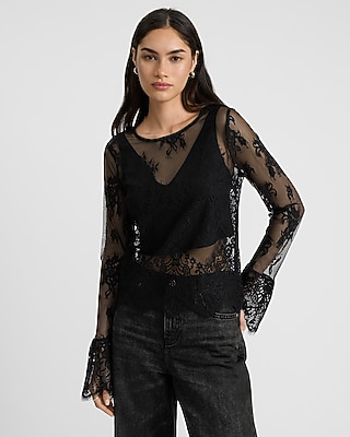 Lace Crew Neck Long Sleeve Top With Tank