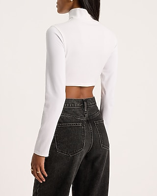 Body Contour Stretch Cotton Turtleneck Long Sleeve Cropped Tee