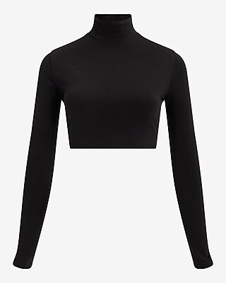 Body Contour Stretch Cotton Turtleneck Long Sleeve Cropped Tee