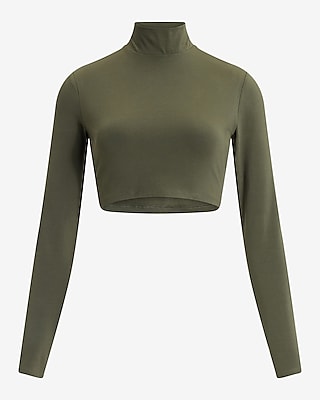 Body Contour Stretch Cotton Turtleneck Long Sleeve Cropped Tee