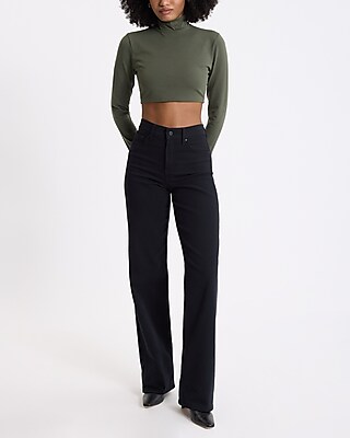 Body Contour Stretch Cotton Turtleneck Long Sleeve Cropped Tee
