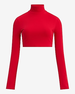 Body Contour Stretch Cotton Turtleneck Long Sleeve Cropped Tee