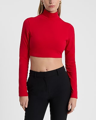 Body Contour Stretch Cotton Turtleneck Long Sleeve Cropped Tee