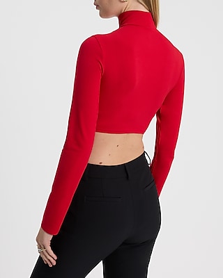 Body Contour Stretch Cotton Turtleneck Long Sleeve Cropped Tee