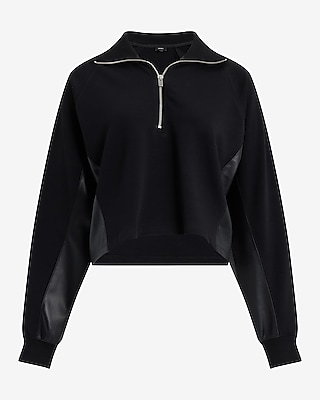 Faux Leather Pieced Quarter Zip Sweatshirt