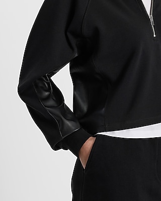 Faux Leather Pieced Quarter Zip Sweatshirt