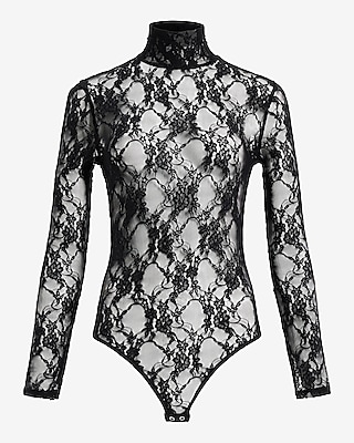 Sheer Lace Mock Neck Long Sleeve Bodysuit